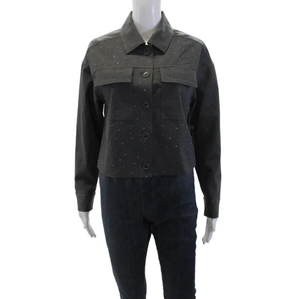 Vince Camuto Women's Long Sleeves Button Up Rhinestone Boxy Jacket Gray Size XS